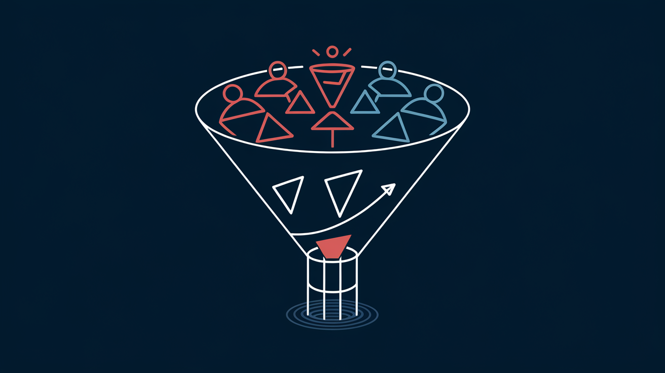 Conversion funnel with qualified leads flowing through pipeline stages into closed deals