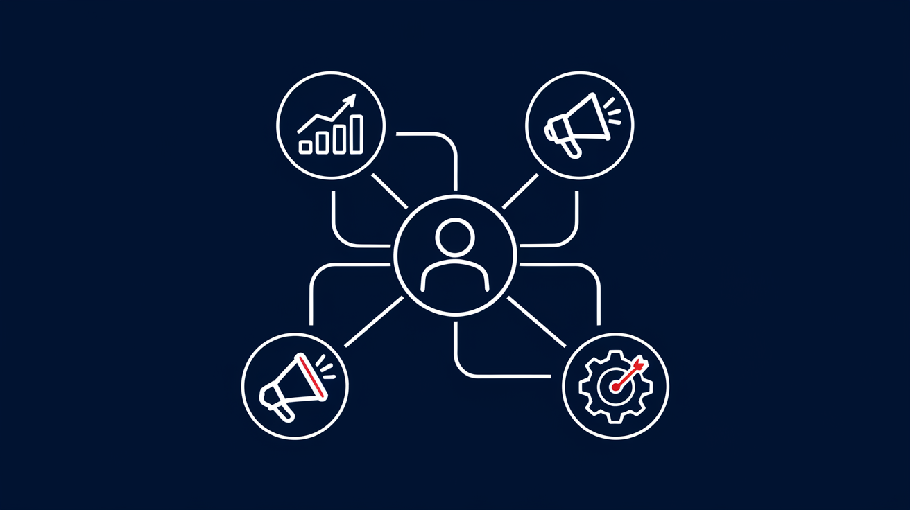 Strategic leadership compass at the center of interconnected marketing channels and growth arrows