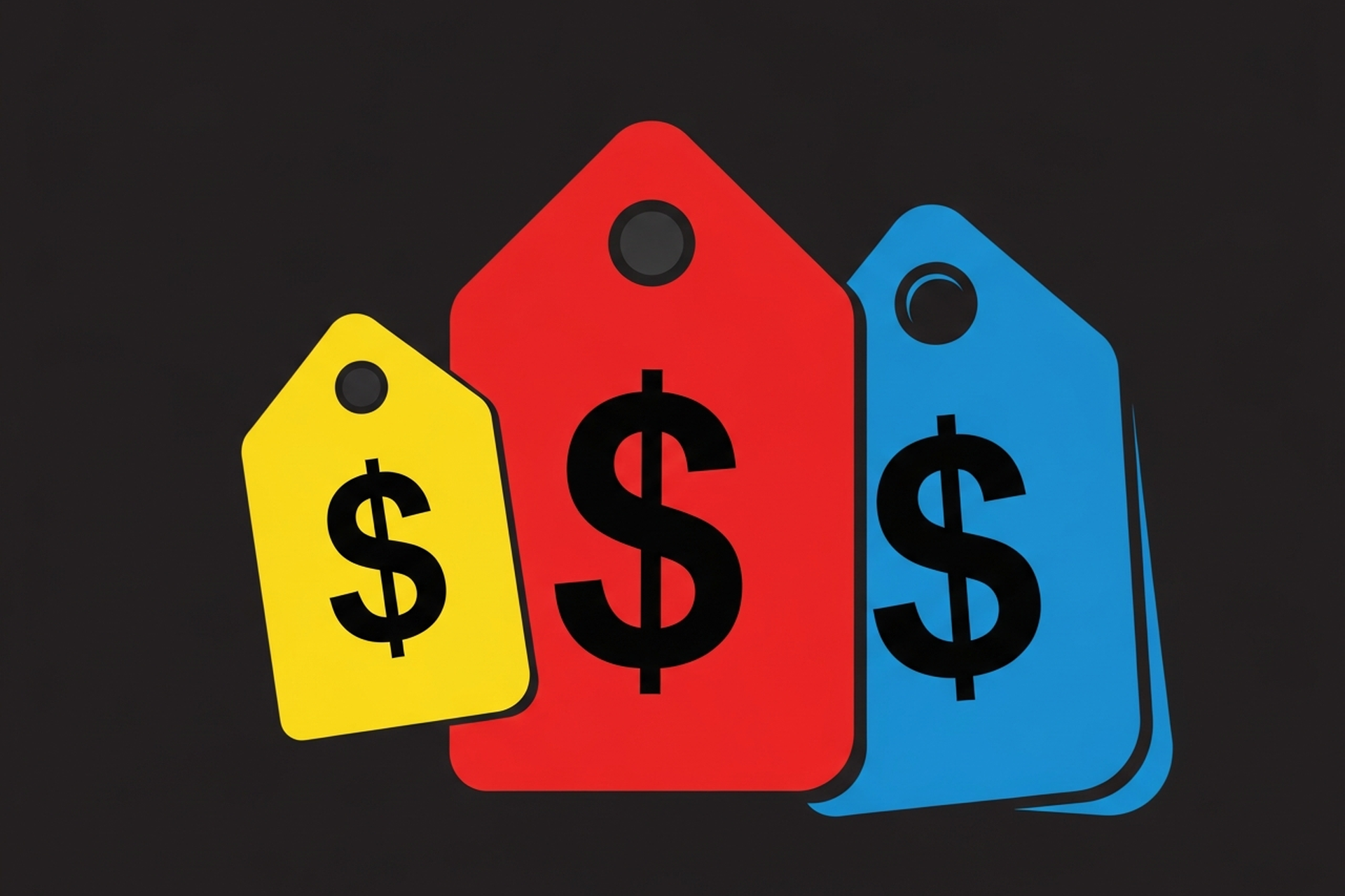 Three price tags of different sizes with bold dollar signs on a dark background, representing pricing tiers