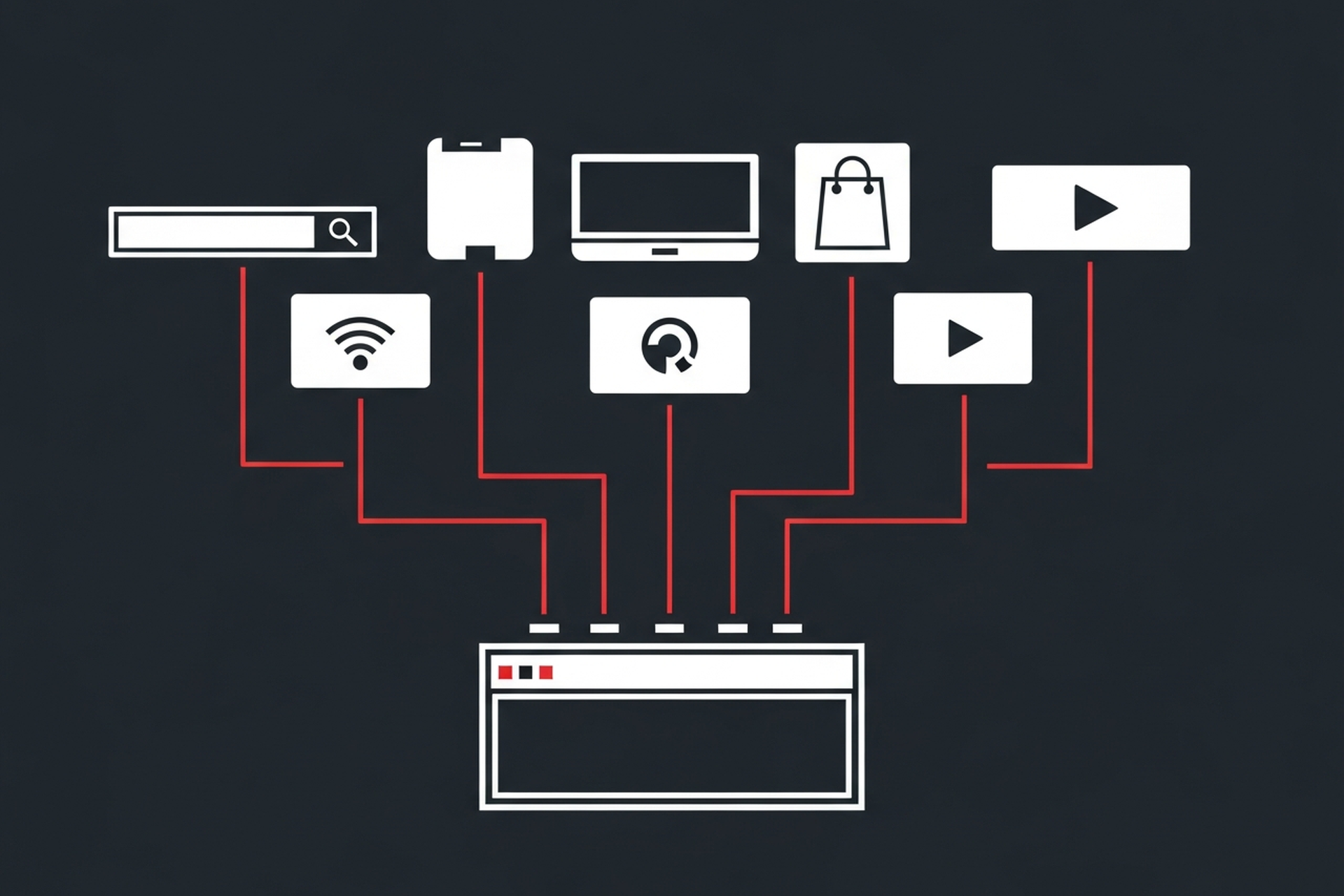 Flat design illustration of multiple advertising platform icons connected in a network on a light background