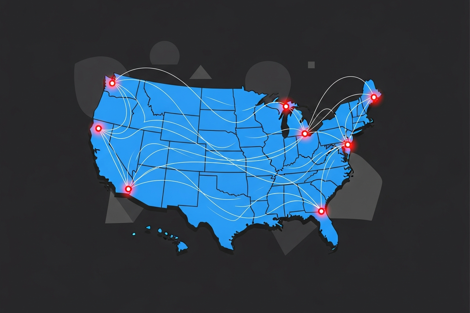 Flat design illustration of a US map with digital marketing channel nodes and red accent connections representing agency hubs on a dark charcoal background