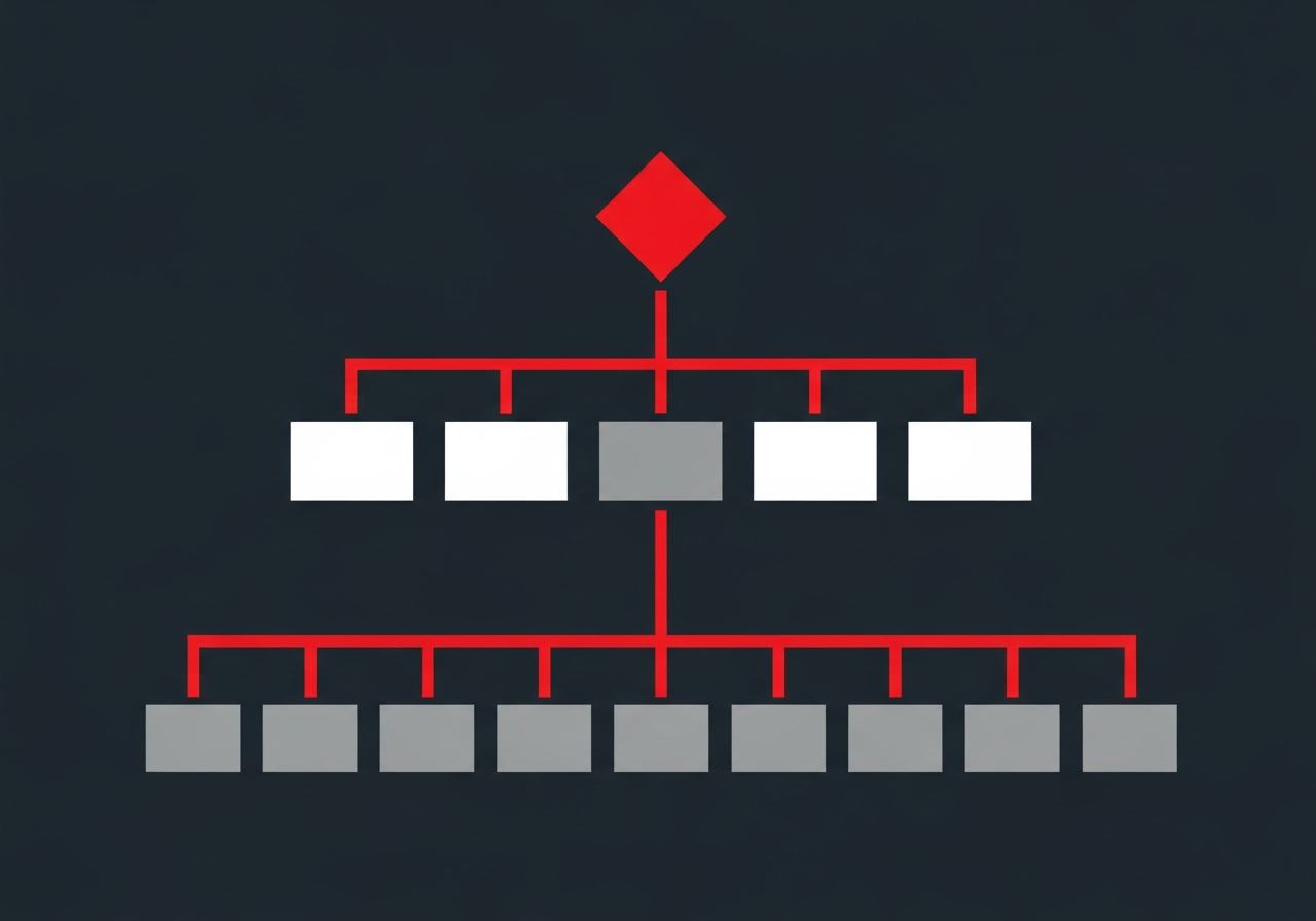Flat design illustration of a marketing leadership structure with strategy and execution layers on a dark charcoal background with red accents