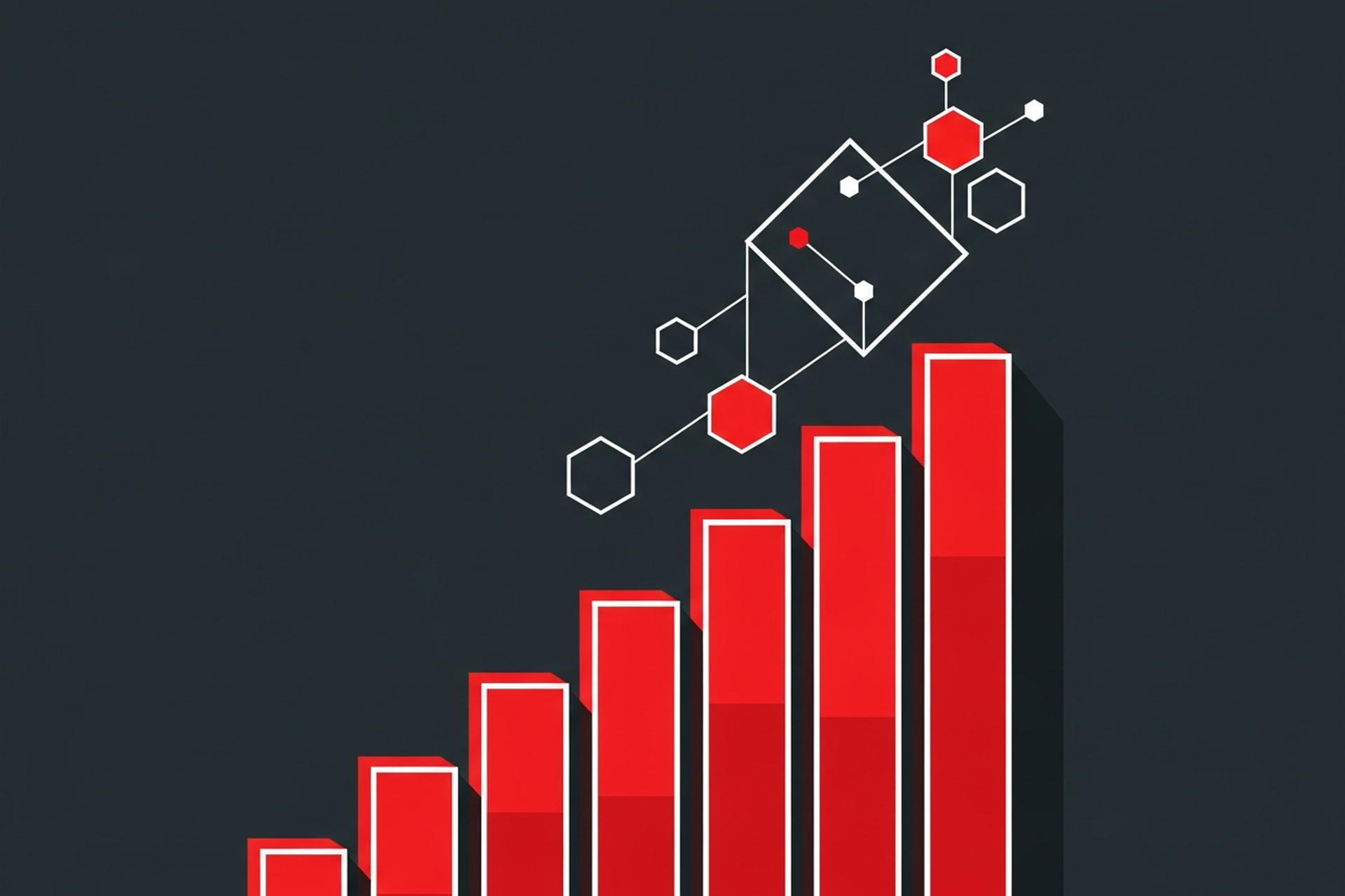 Abstract flat geometric illustration with dark charcoal background showing red hexagon nodes, white ascending staircase steps, and connected geometric shapes representing a business growth strategy framework