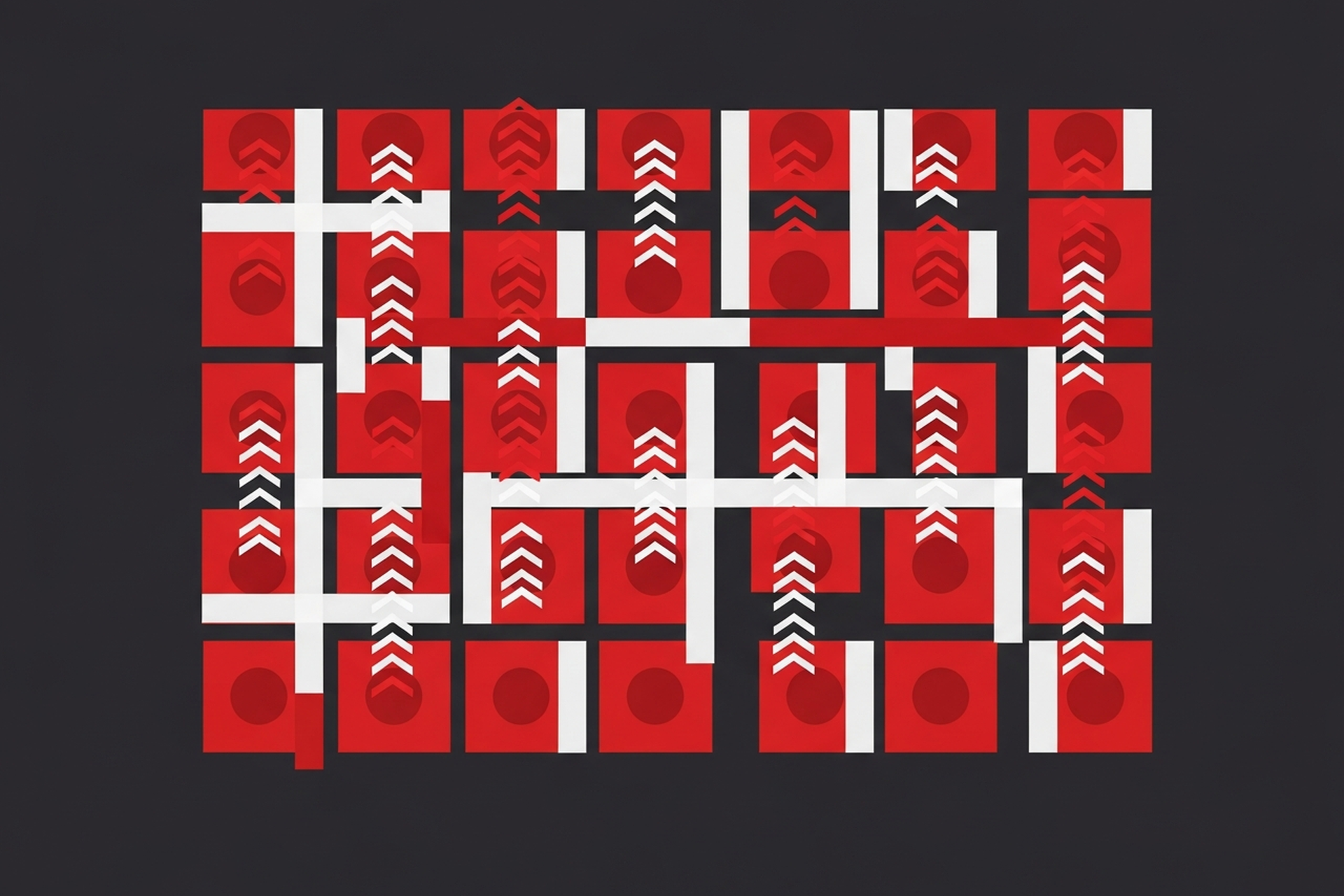 Flat design illustration of paid social media campaign channels with platform icons and performance metric nodes in red and white on a dark charcoal background