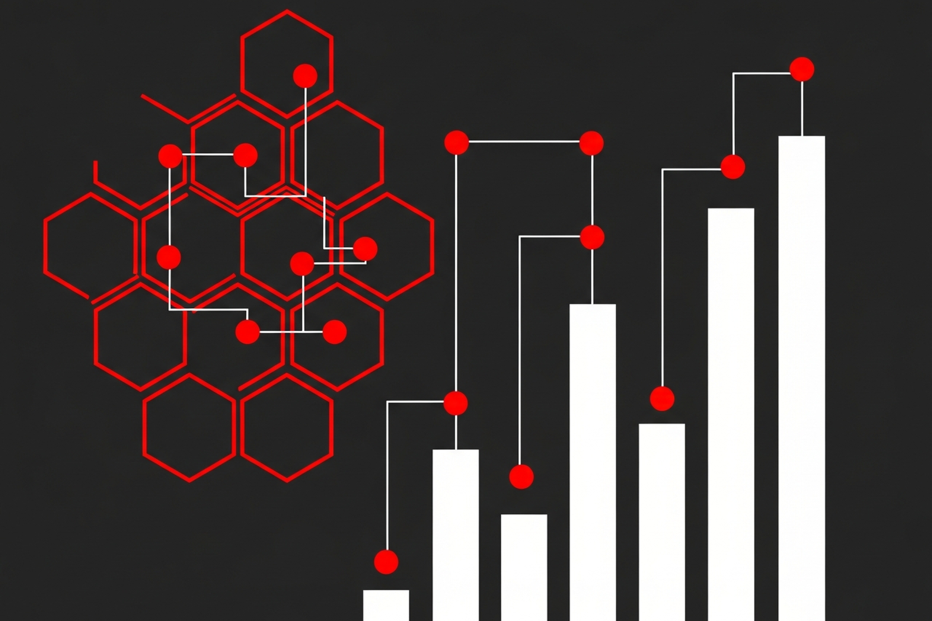 Flat geometric illustration showing red hexagon grid and white ascending bars connected by a node network on a dark charcoal background