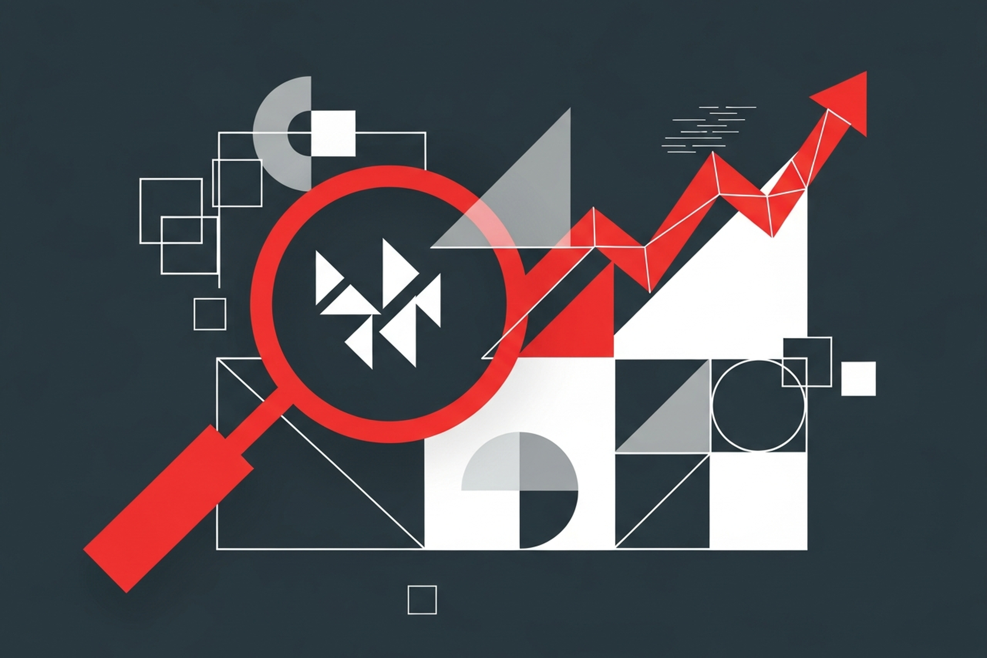 Abstract flat geometric illustration of search analytics, upward trending line geometry and data shapes on a dark charcoal background with red accents