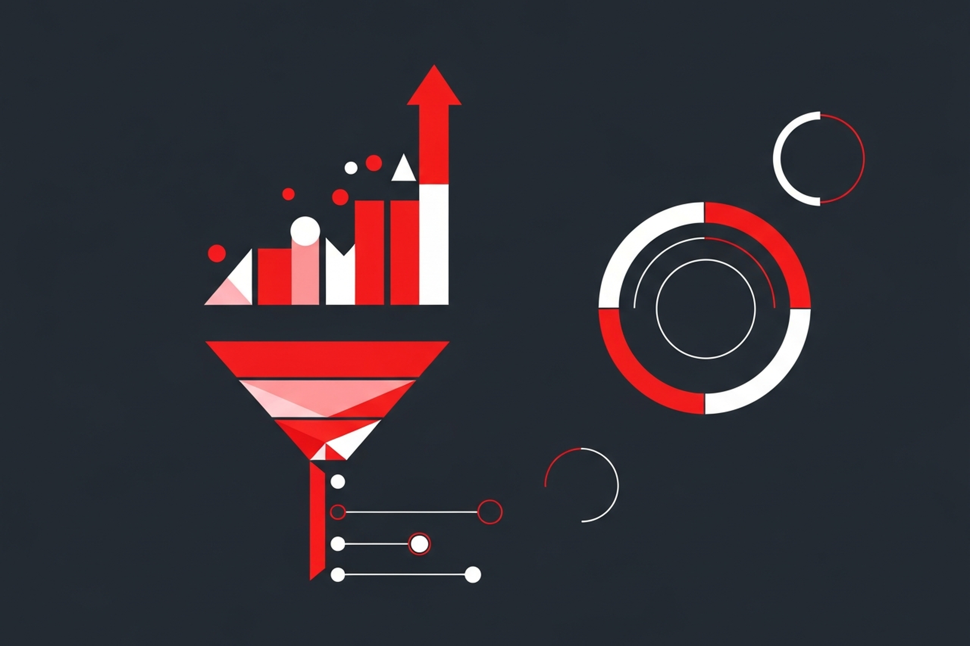 Abstract geometric diagram representing SaaS marketing metrics and KPI tracking framework with red and white elements on dark background