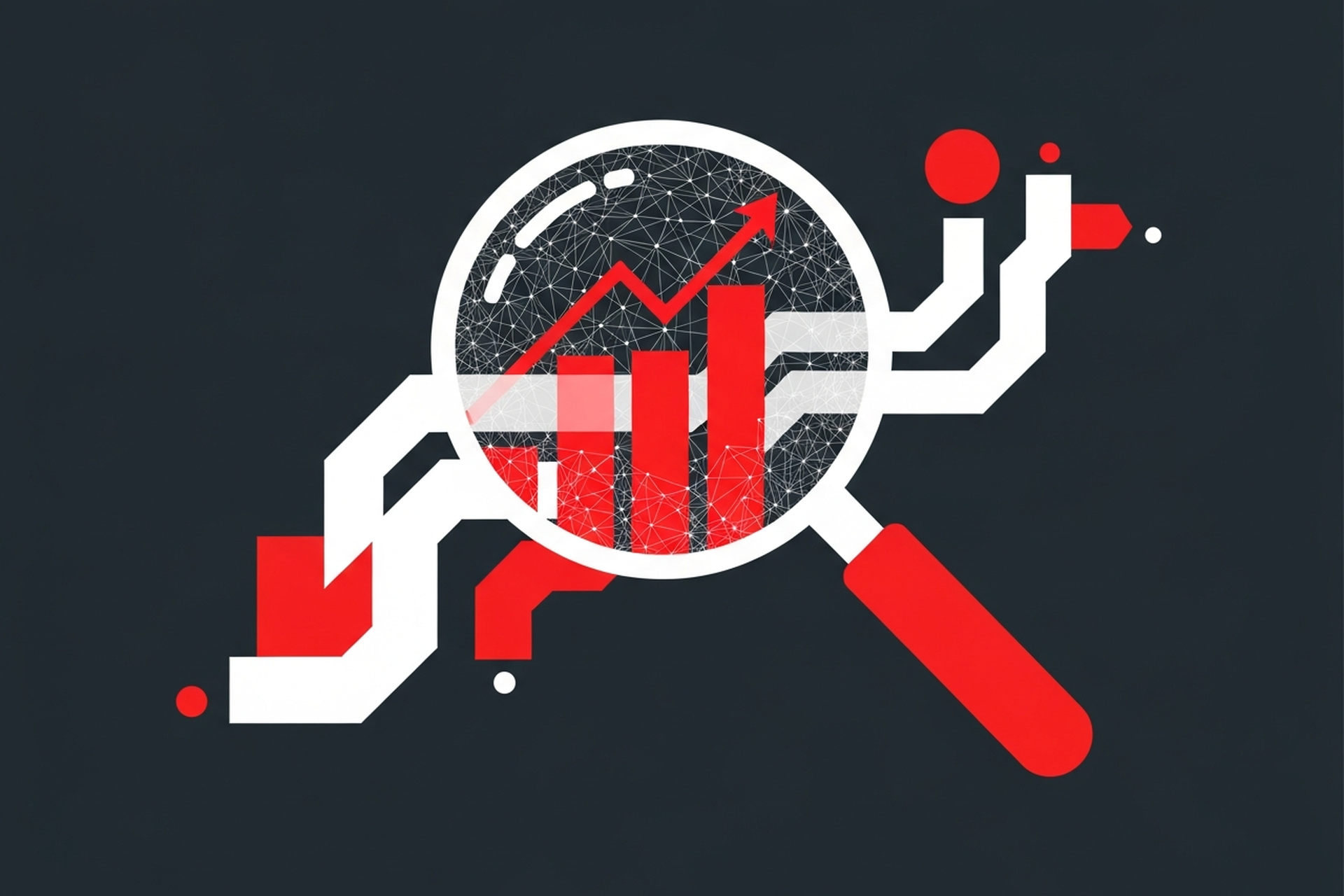 Abstract geometric diagram showing GA4 and Google Search Console integration for SEO tracking with red and white shapes on a dark background