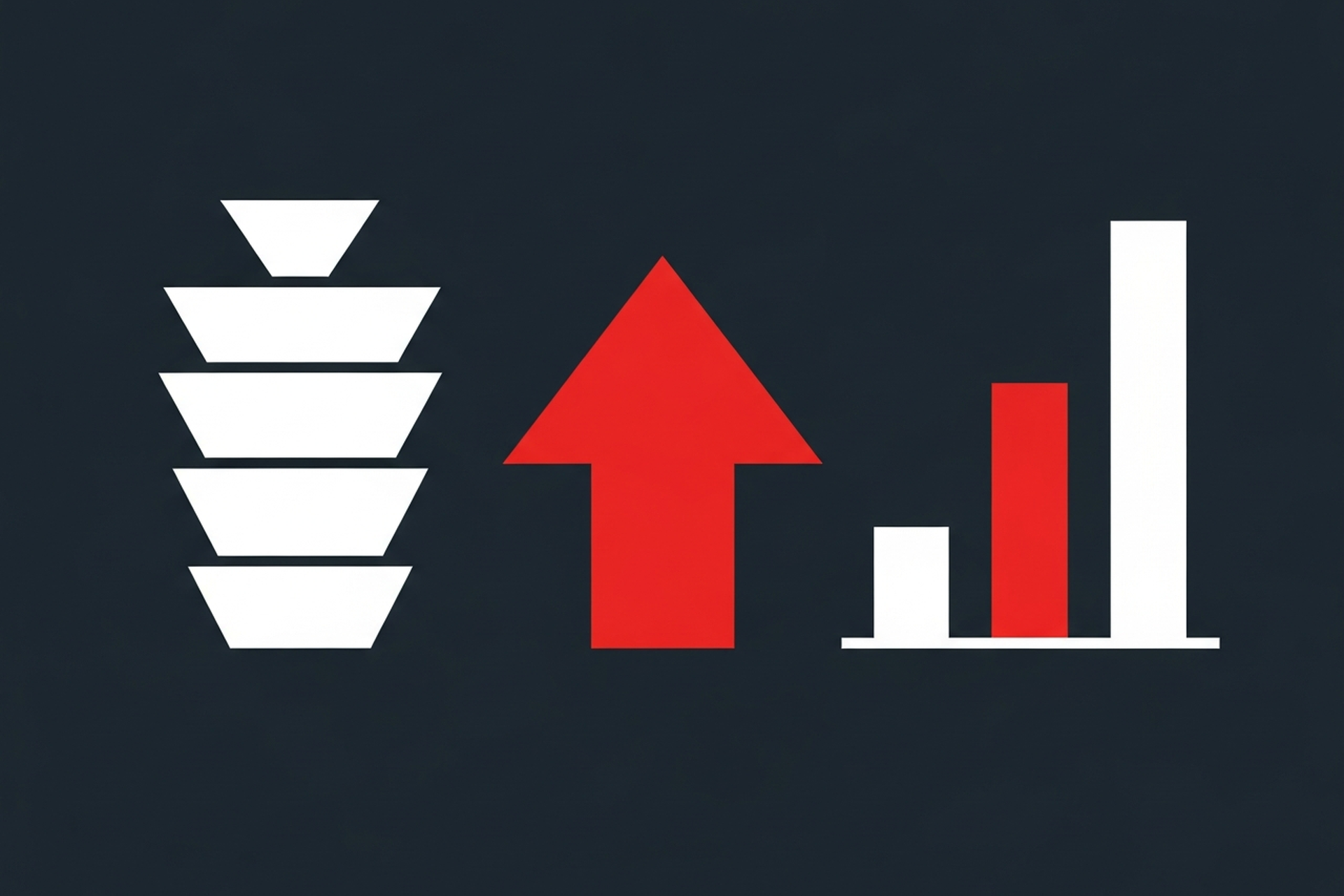 Abstract flat geometric illustration with white funnel and red upward arrow representing SEO analytics on a dark charcoal background