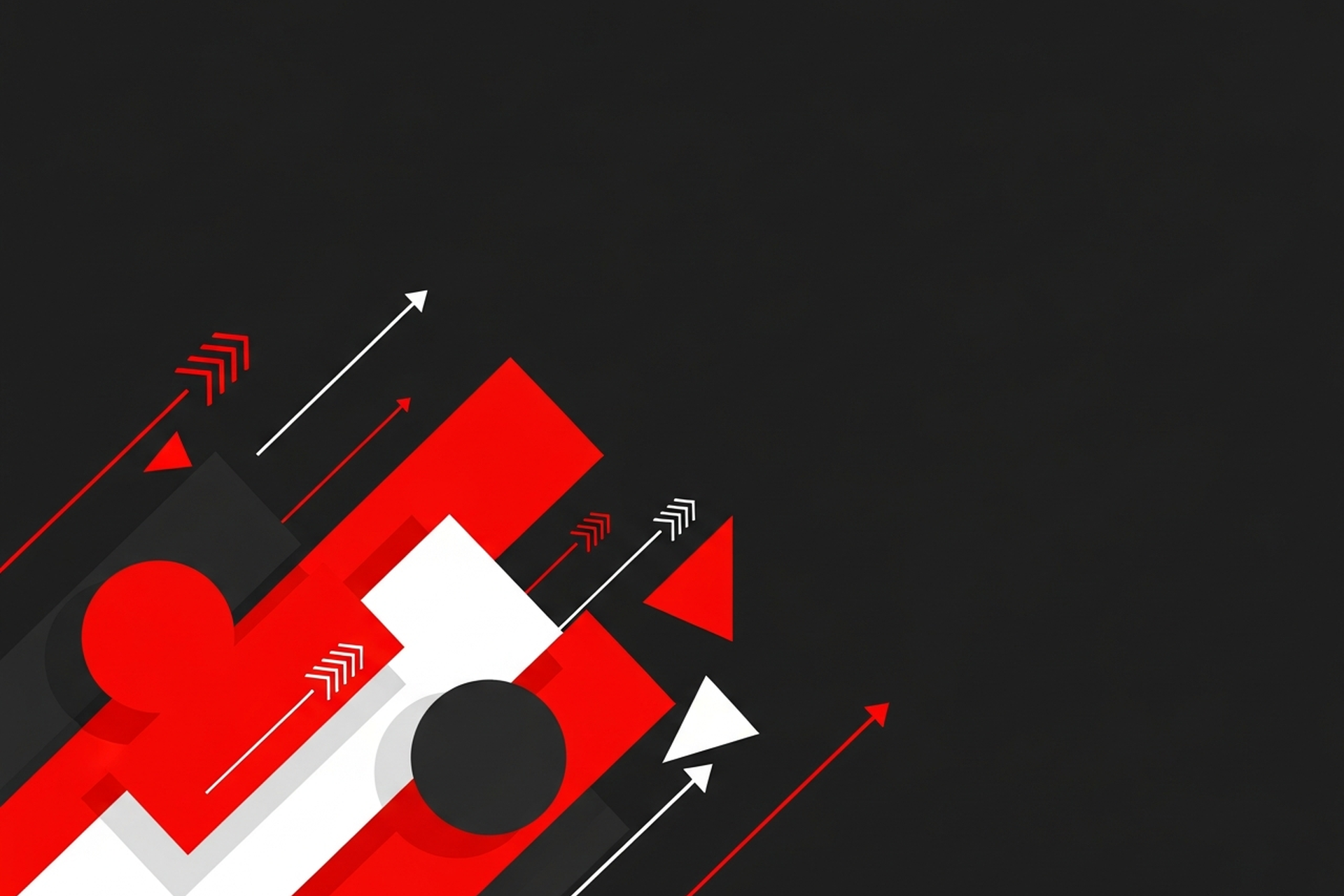 Abstract flat geometric illustration of data flow arrows and circular chart shapes on a dark charcoal background representing website data analysis