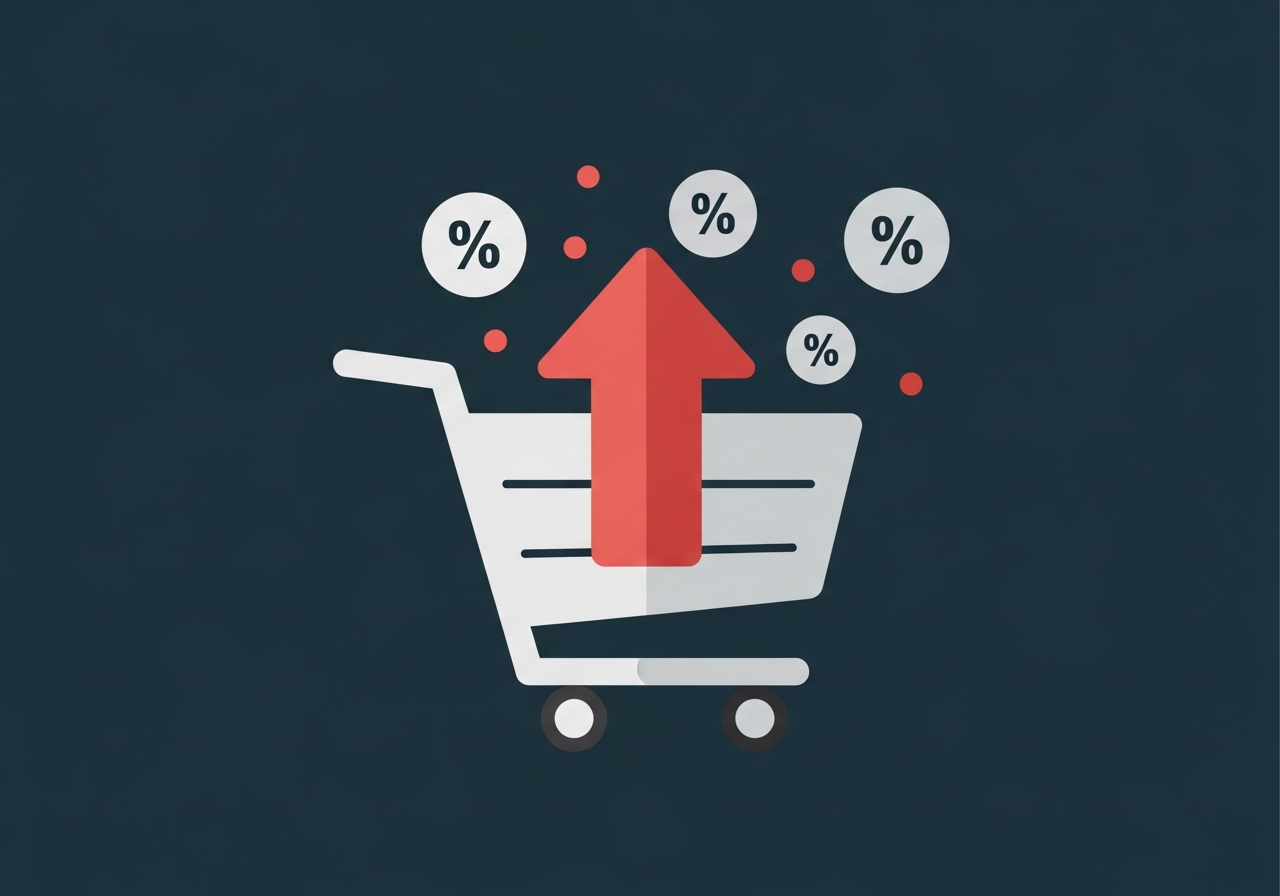 Flat design illustration of an ecommerce conversion funnel with optimization checkpoints and performance metrics on a dark charcoal background with red accents