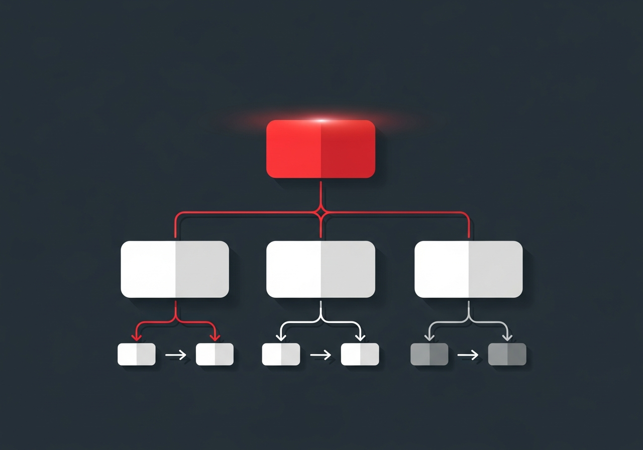 Flat design illustration of an ecommerce team org chart with role nodes connected by red lines on a dark charcoal background