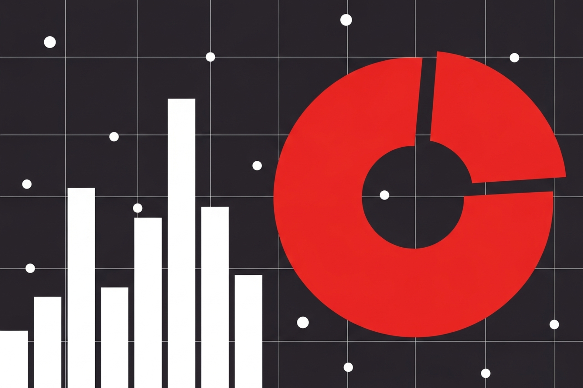 Flat geometric illustration showing white bar charts and a red donut chart on dark charcoal background representing ecommerce data benchmarks