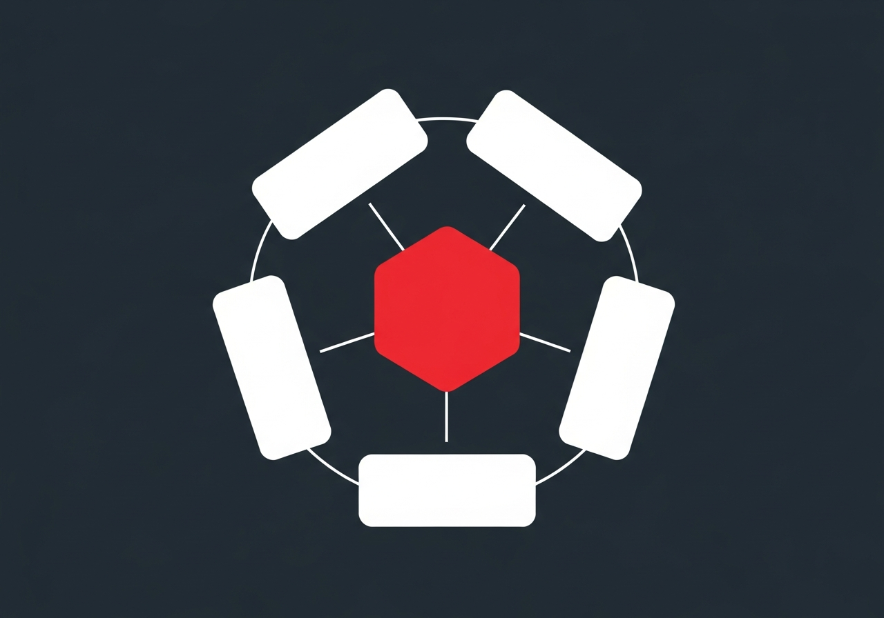 Flat design illustration of interconnected commerce channels feeding into a central unified data layer with red connecting lines on a dark charcoal background