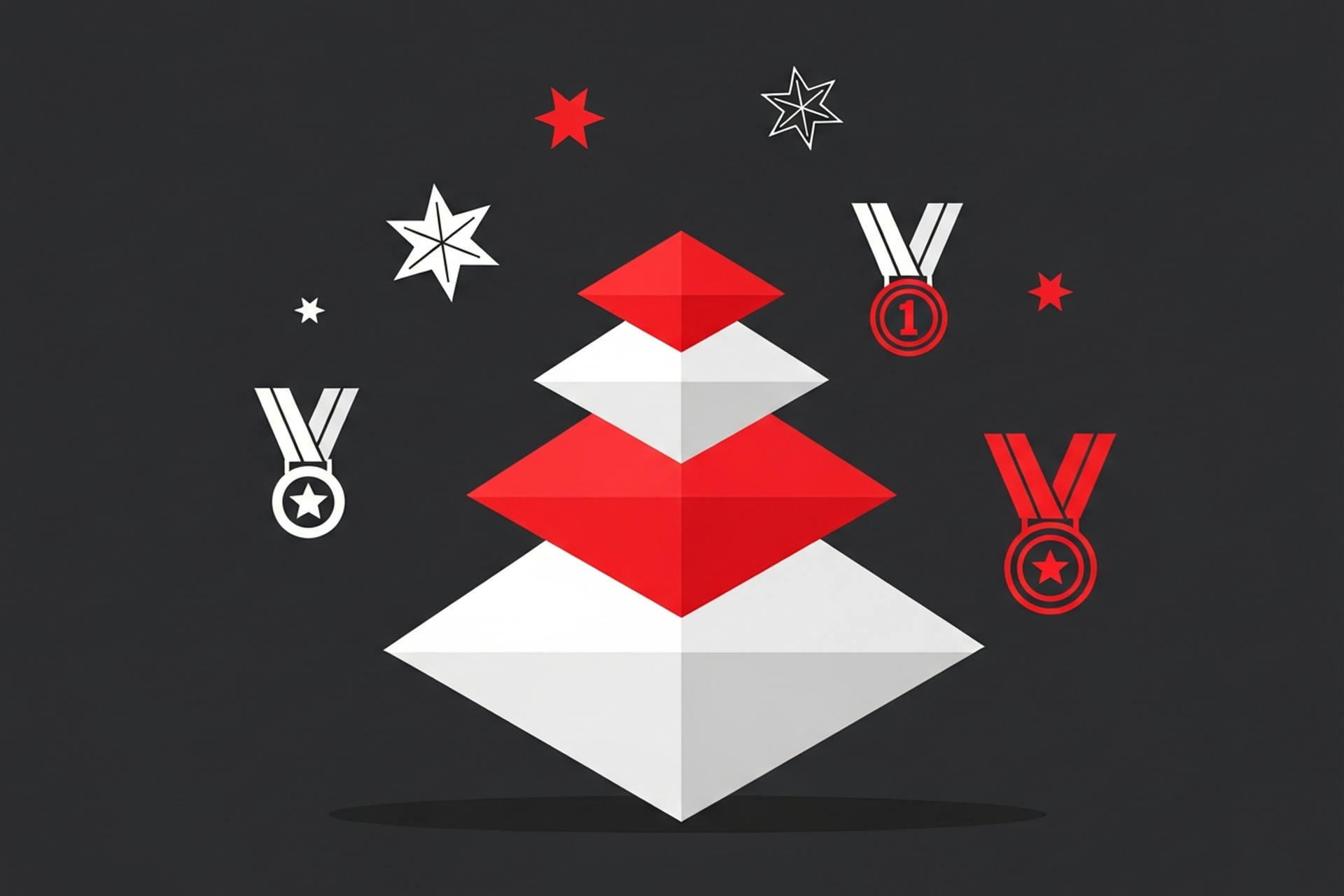 Flat design illustration of a customer loyalty tier pyramid with reward icons and red accent nodes on a dark charcoal background