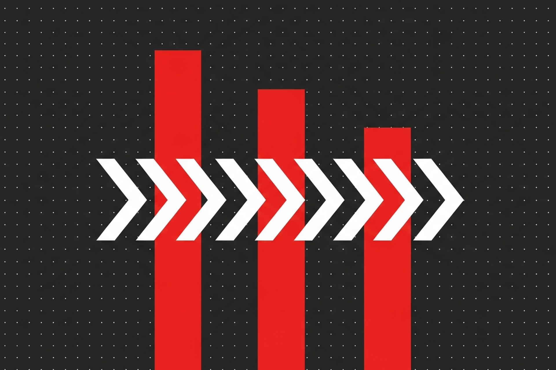 Abstract flat geometric illustration representing rising ad performance with bold red bars and white chevron shapes on a dark background