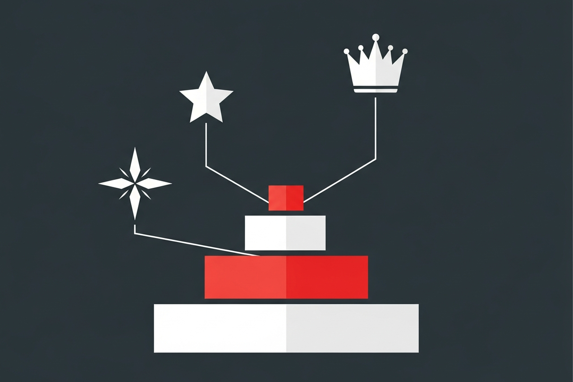 Flat design illustration of a loyalty platform dashboard with tier progression bars and reward icons in red and white on a dark charcoal background