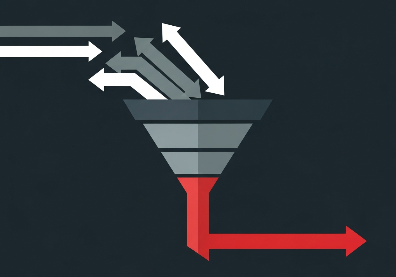 Flat design illustration of a B2B lead generation funnel with multi-channel pipeline stages and conversion metrics on a dark charcoal background with red accents