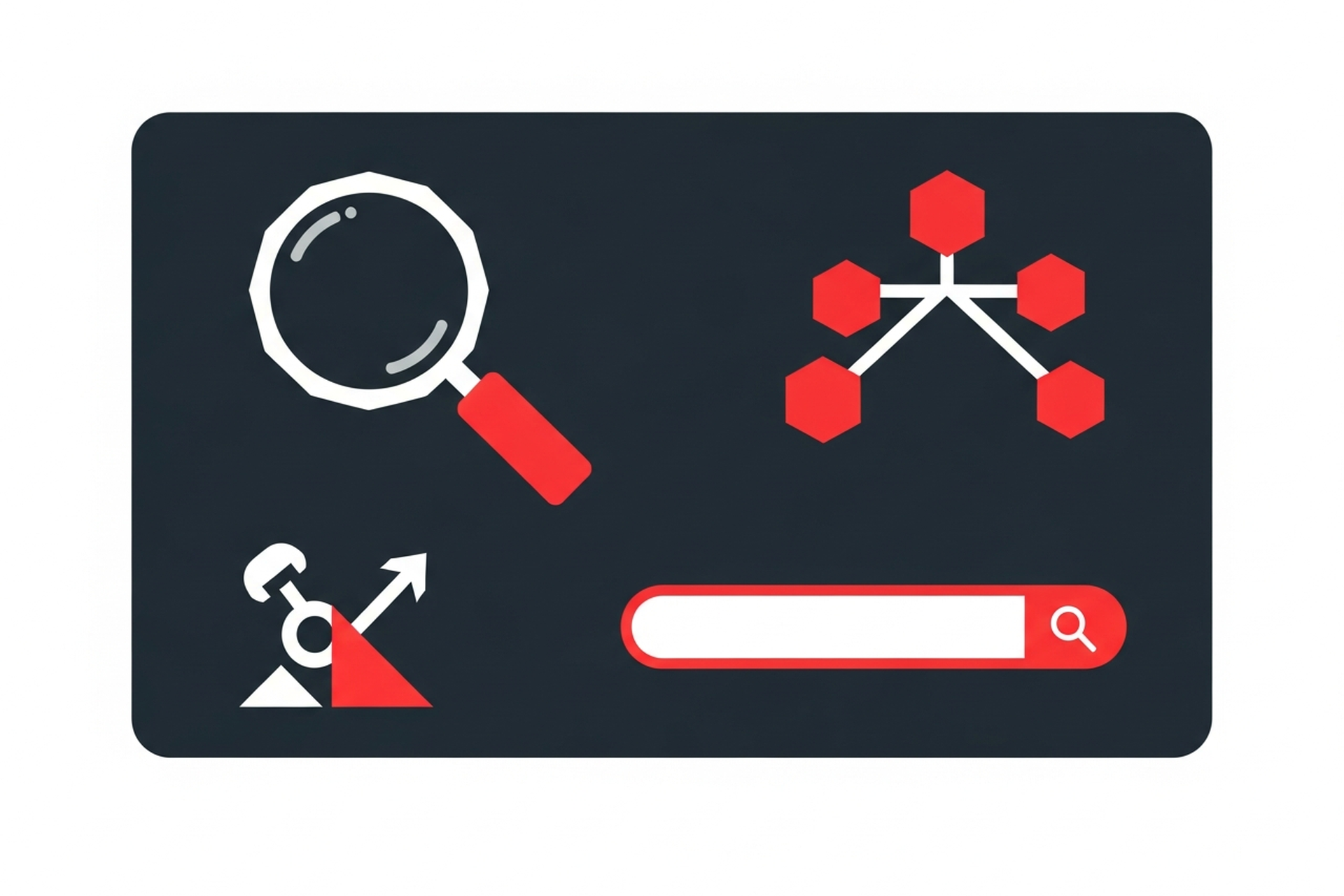 Abstract flat geometric illustration with branching keyword clusters, a magnifying glass shape, and search bar on a dark charcoal background with red accent shapes