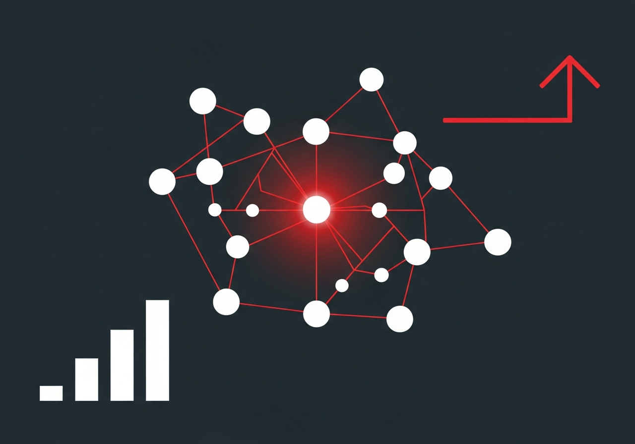 Flat design illustration of connected node networks and upward trend lines on a dark charcoal background with red geometric accents