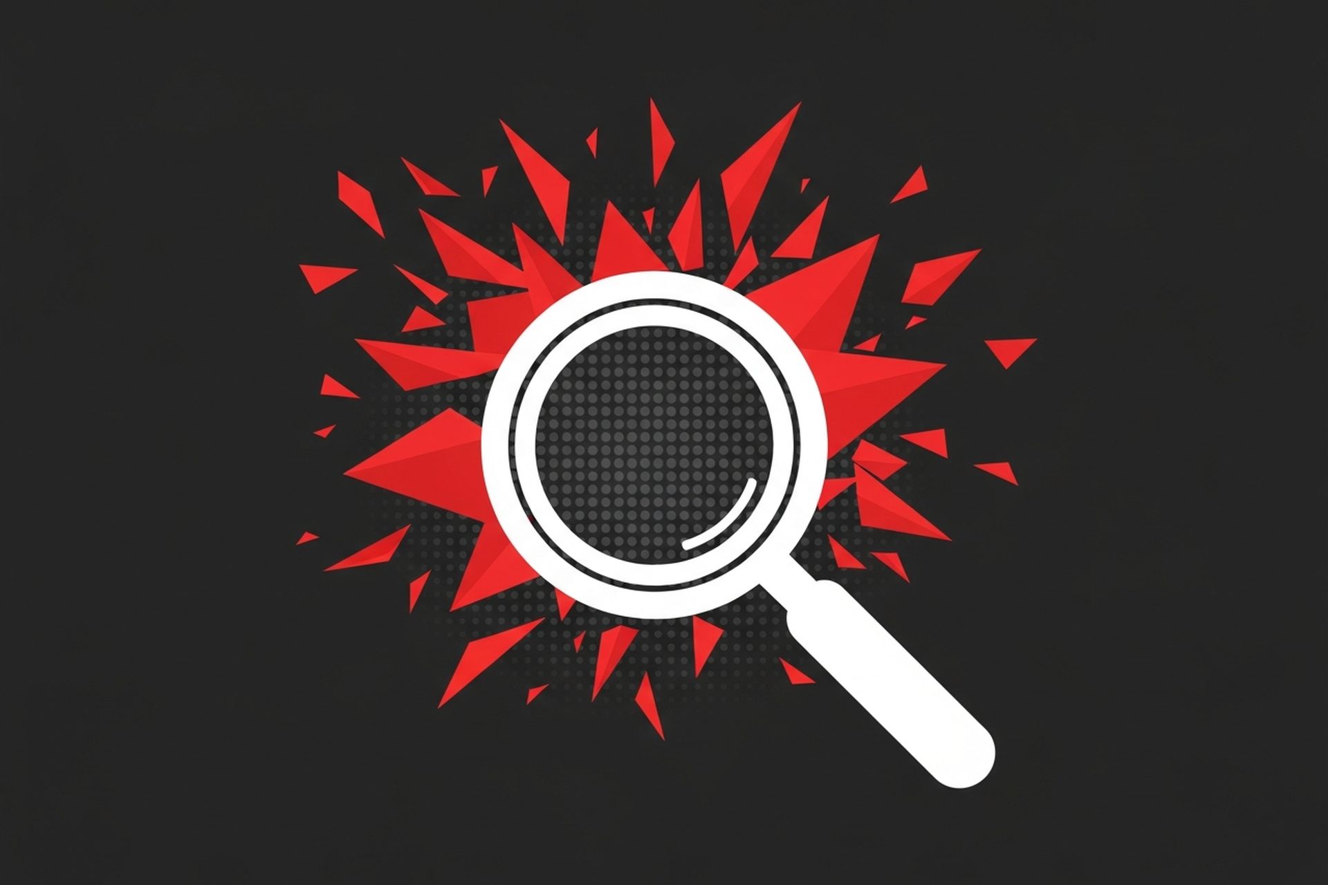 Abstract flat geometric illustration representing SEO and search with a white magnifying glass shape on dark background