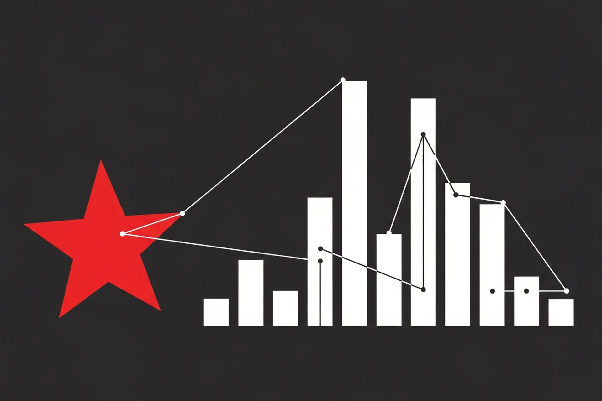 Flat geometric illustration with bold red star shape and white bar chart columns on dark charcoal background representing US SEO