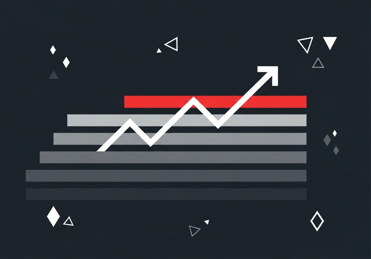 Flat design illustration of a search engine results page with rising organic traffic graph and technical audit icons on a dark charcoal background with red accents