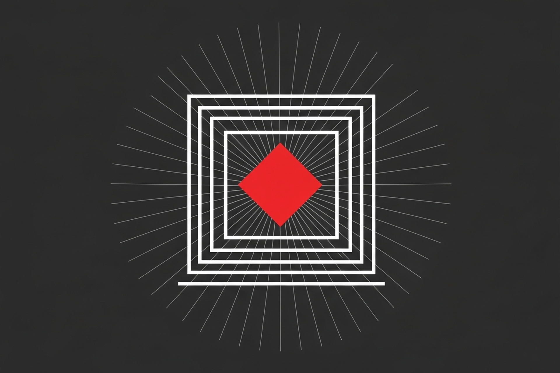 Abstract flat geometric illustration showing concentric white rectangles and a bold red diamond shape on a dark charcoal background, representing SEO optimization concepts