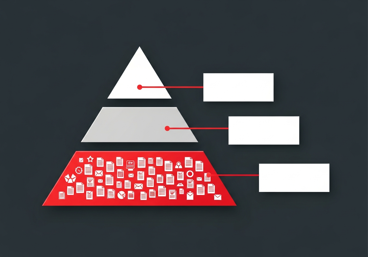 Flat design illustration of a SaaS SEO strategy framework with funnel-mapped content layers and data flow arrows on a dark charcoal background with red accents
