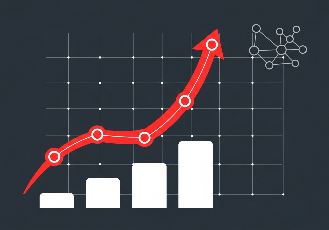 Flat design illustration of ascending geometric graph lines and node connections on a dark charcoal background with red accents