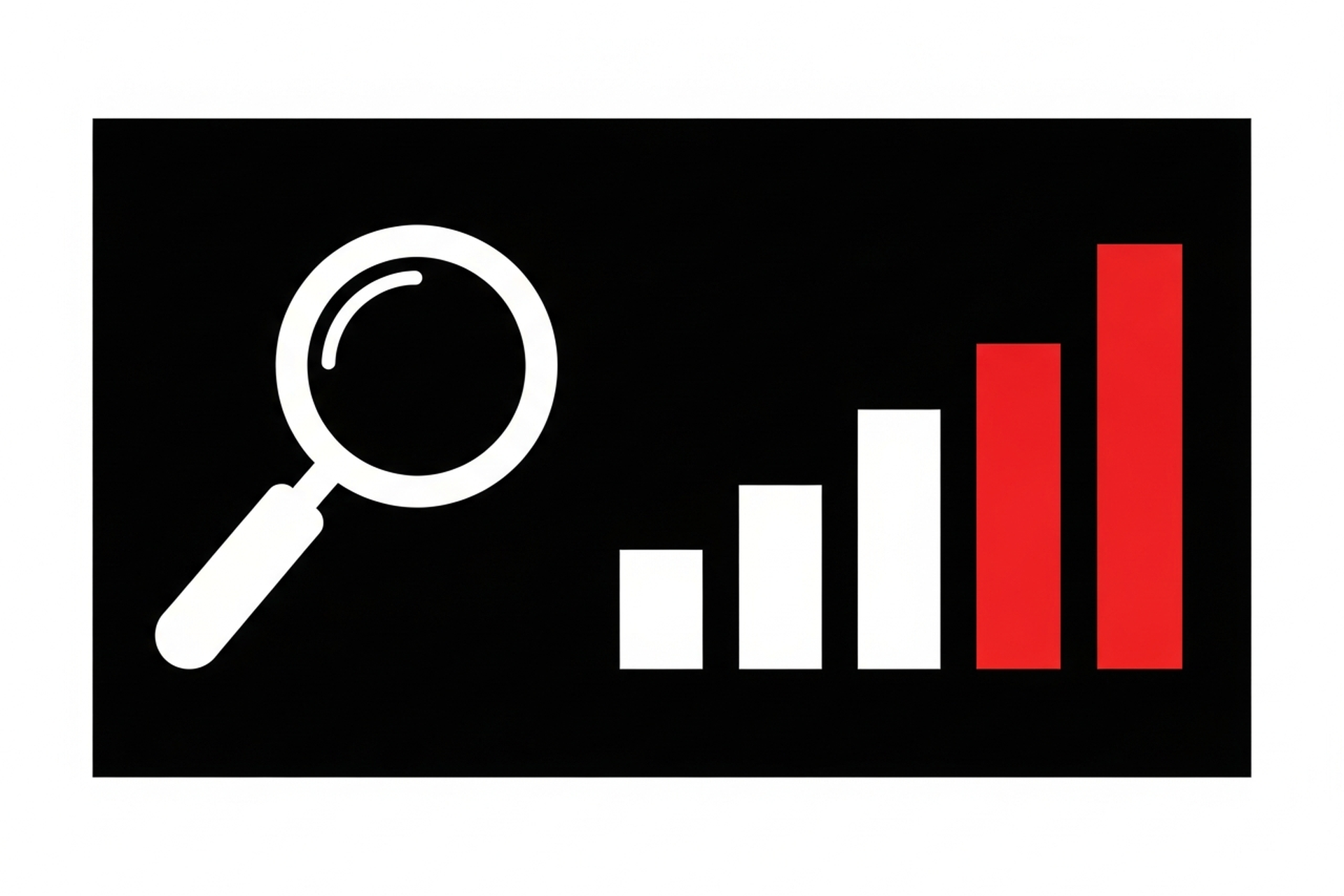 Flat geometric illustration with white magnifying glass, red circle, and ascending white rectangles on dark charcoal background representing small business SEO growth