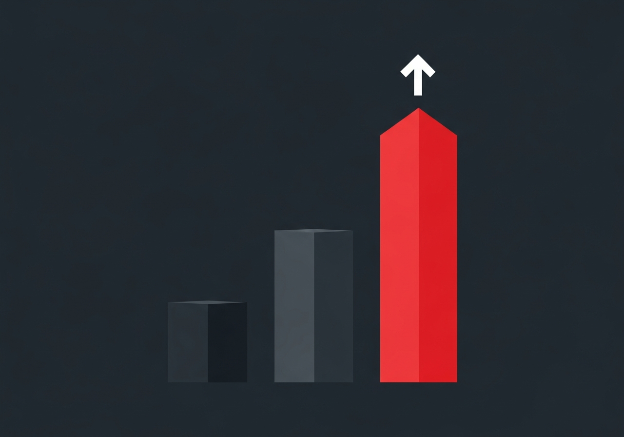 Flat design illustration of a startup SEO growth trajectory with rising organic bars and compounding pipeline metrics on a dark charcoal background with red accents