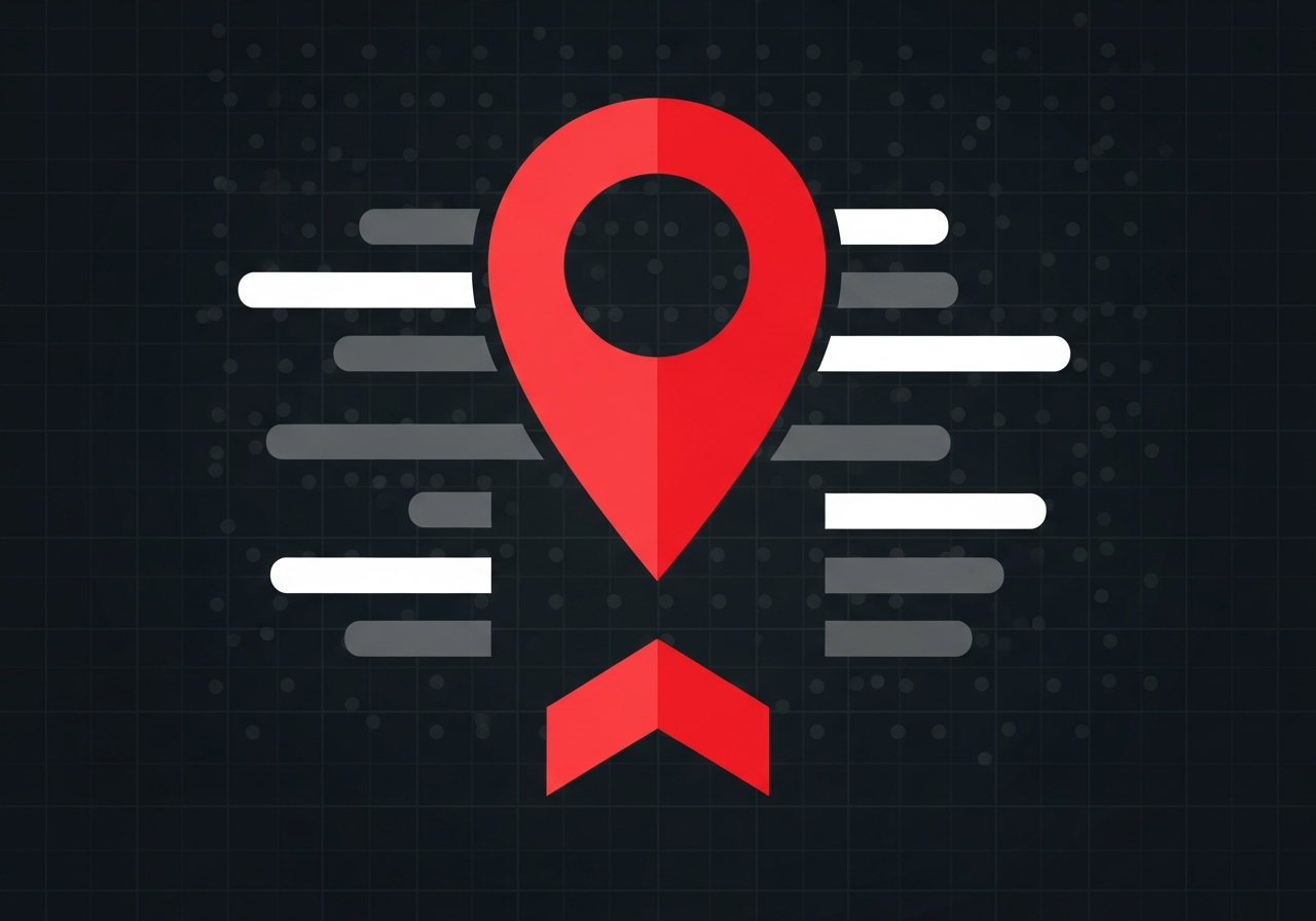 Flat design illustration of a local map pin with search result bars and upward growth indicators on a dark charcoal background with red accents