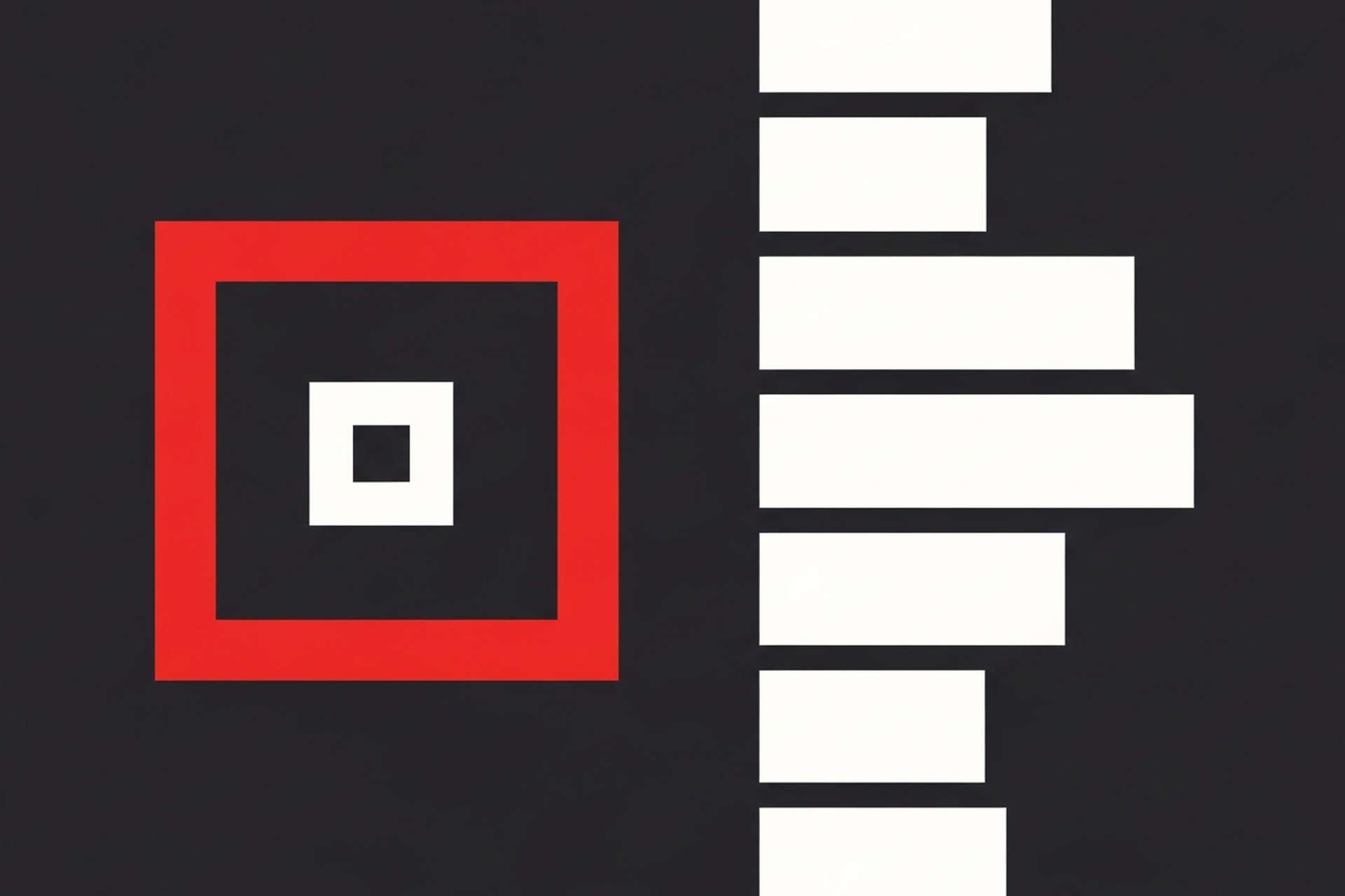 Flat geometric illustration with bold red square frame and white design swatches on dark charcoal background representing Shopify store design