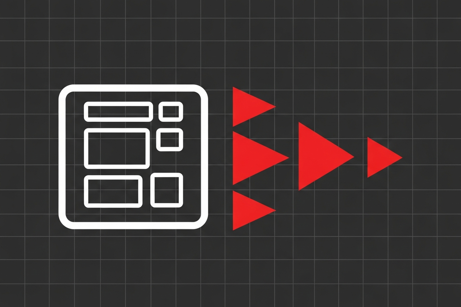 Flat geometric illustration of white wireframe layout blocks and red triangle accents on a dark charcoal background representing Shopify web design