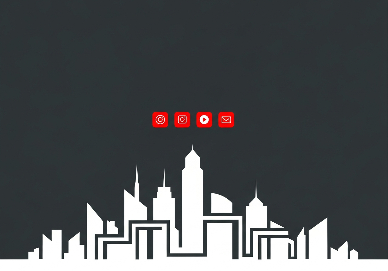 Flat design illustration of a Pacific Northwest city skyline with social media channel icons arranged above it on a dark charcoal background with red accents