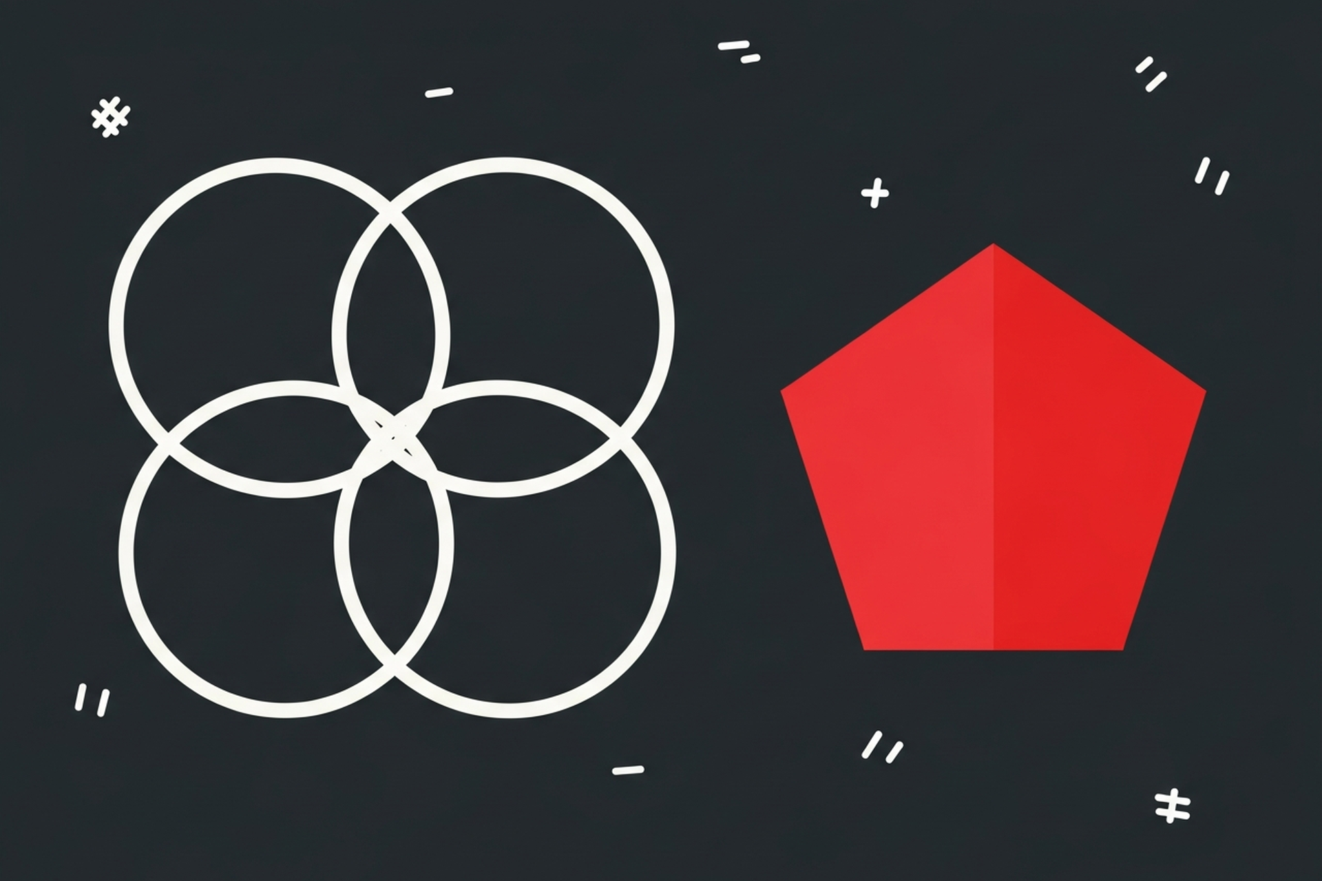 Flat geometric illustration with white overlapping circles and red pentagon on dark charcoal background representing SEM strategy