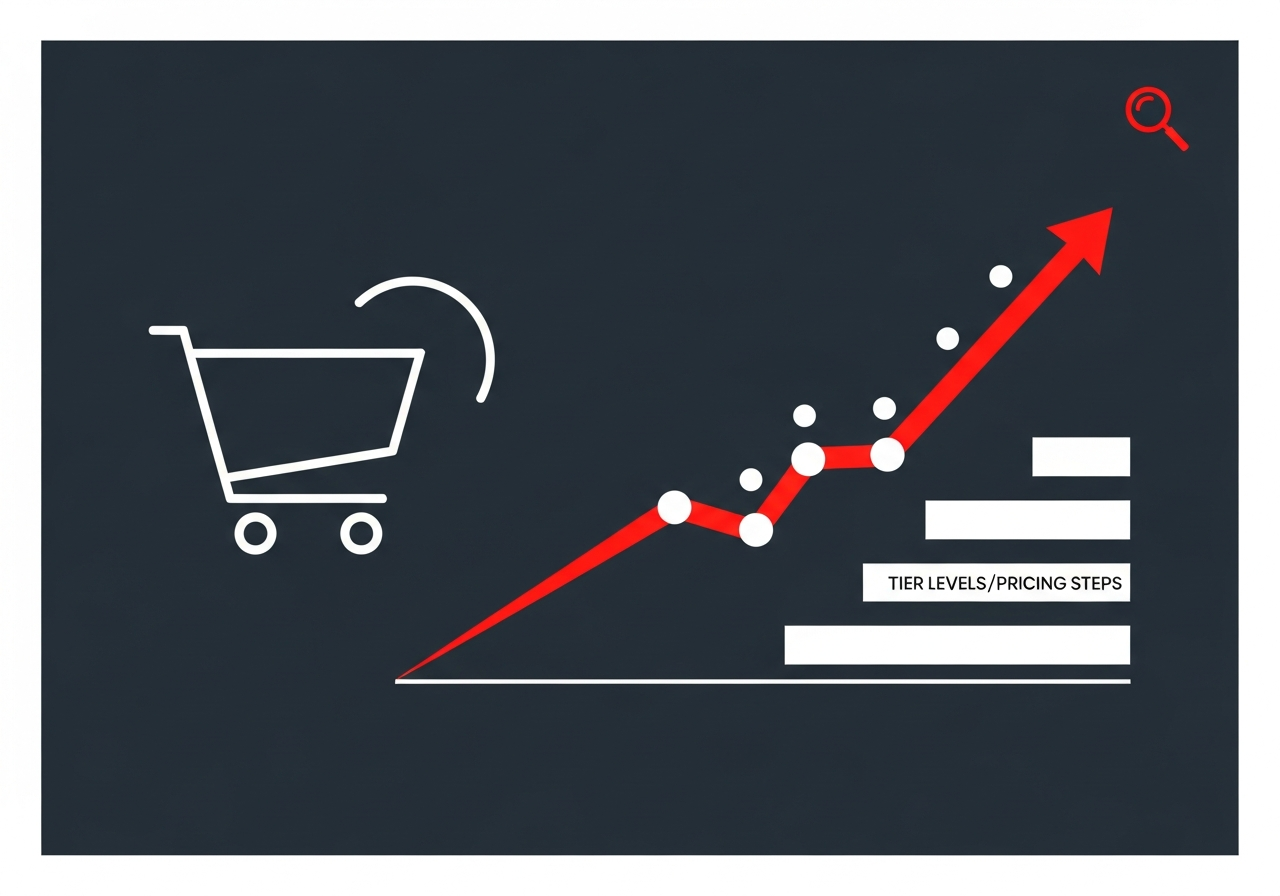 Flat design illustration of shopping cart icon and upward trending analytics graph on a dark charcoal background with red accents