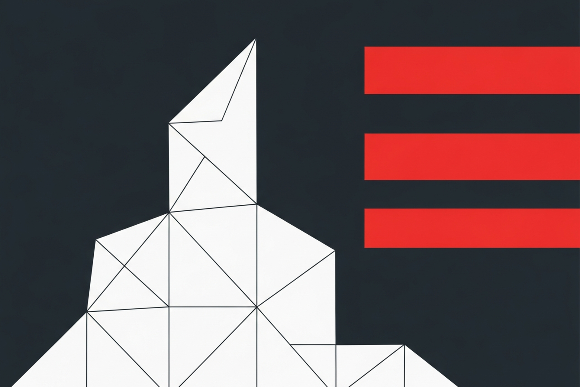 Flat geometric illustration with a white angular trophy shape and bold red ranking bars on a dark charcoal background