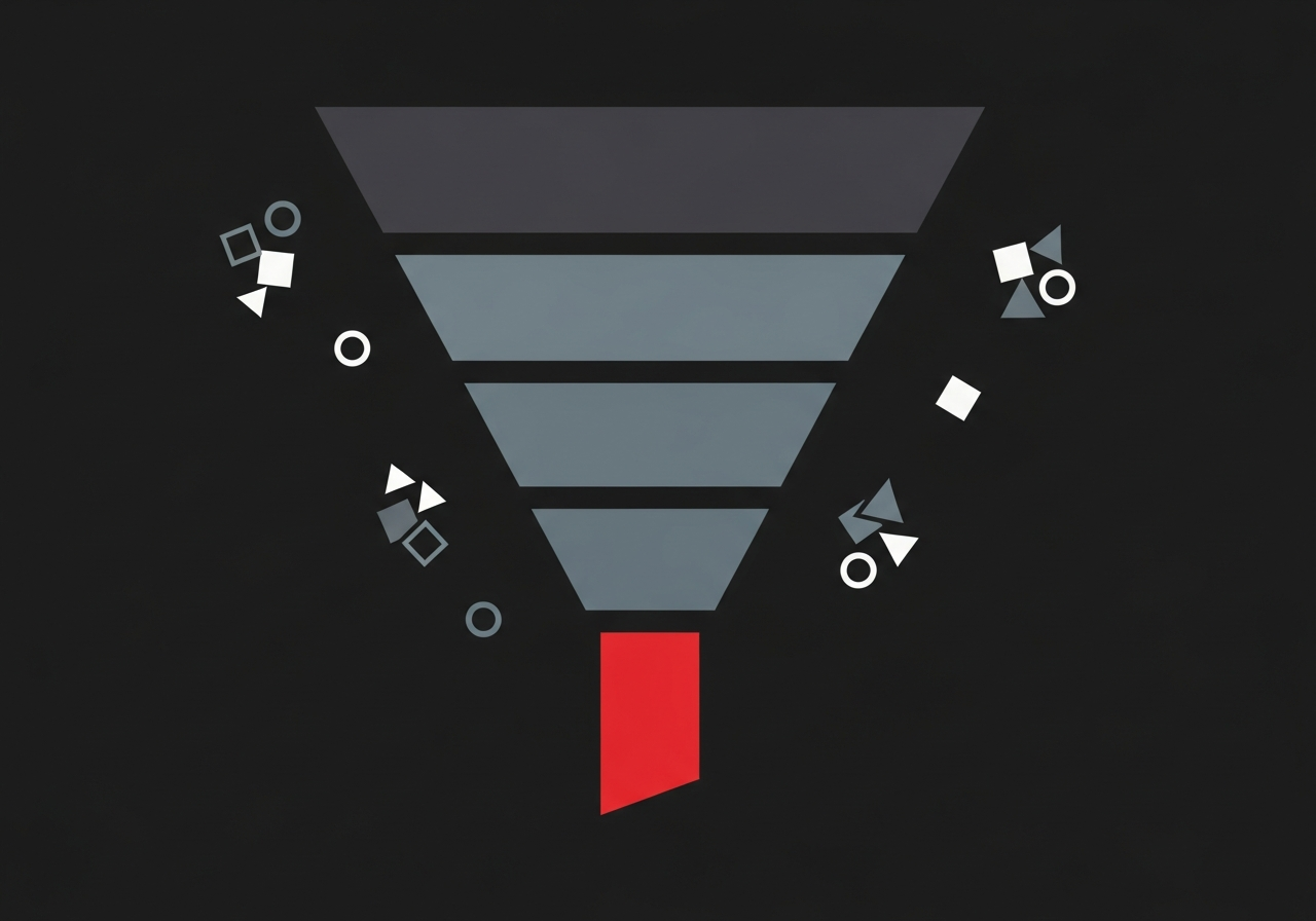 Flat design illustration of a lead generation funnel with channel icons and conversion rate metrics on a dark charcoal background with red accents
