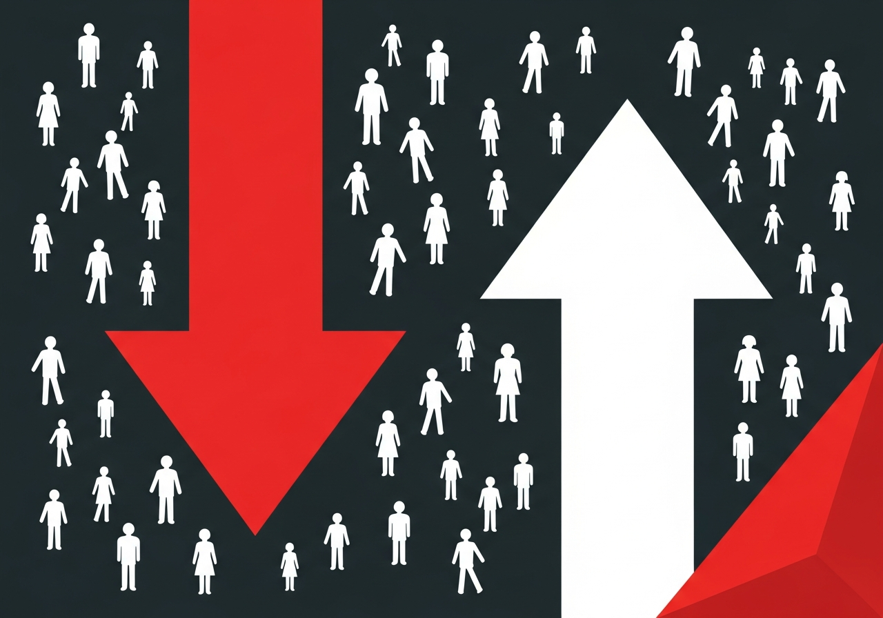 Flat design illustration of a cost and acquisition funnel with downward trending cost arrow and upward trending customer icons on a dark charcoal background with red accents