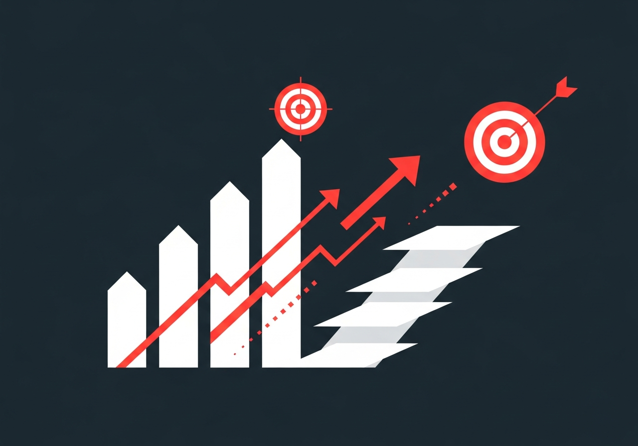 Flat design illustration of geometric bar chart shapes and upward arrows on a dark charcoal background with red accents