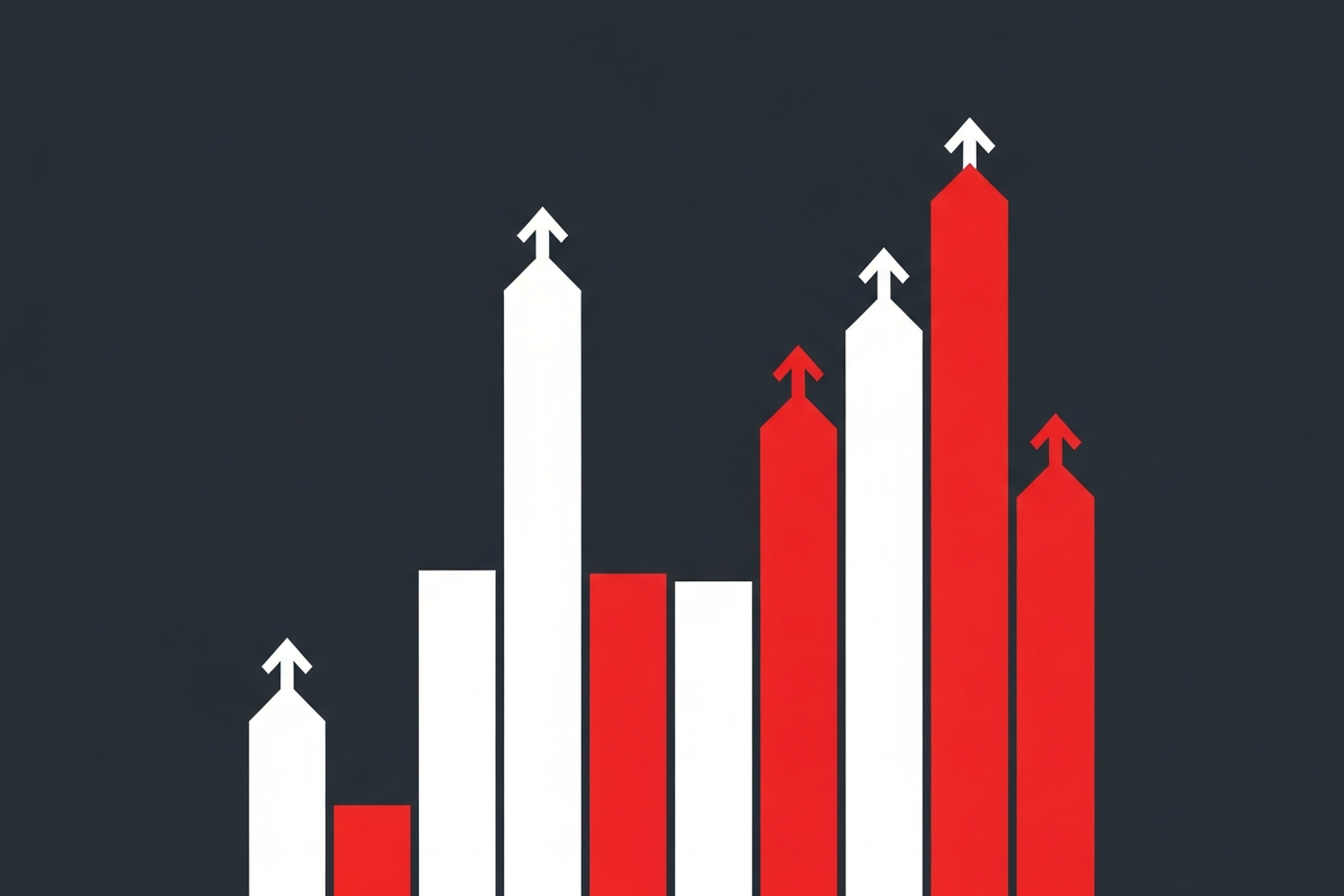Flat design illustration of a pay-per-click campaign dashboard with channel nodes and performance metric bars in red and white on a dark charcoal background