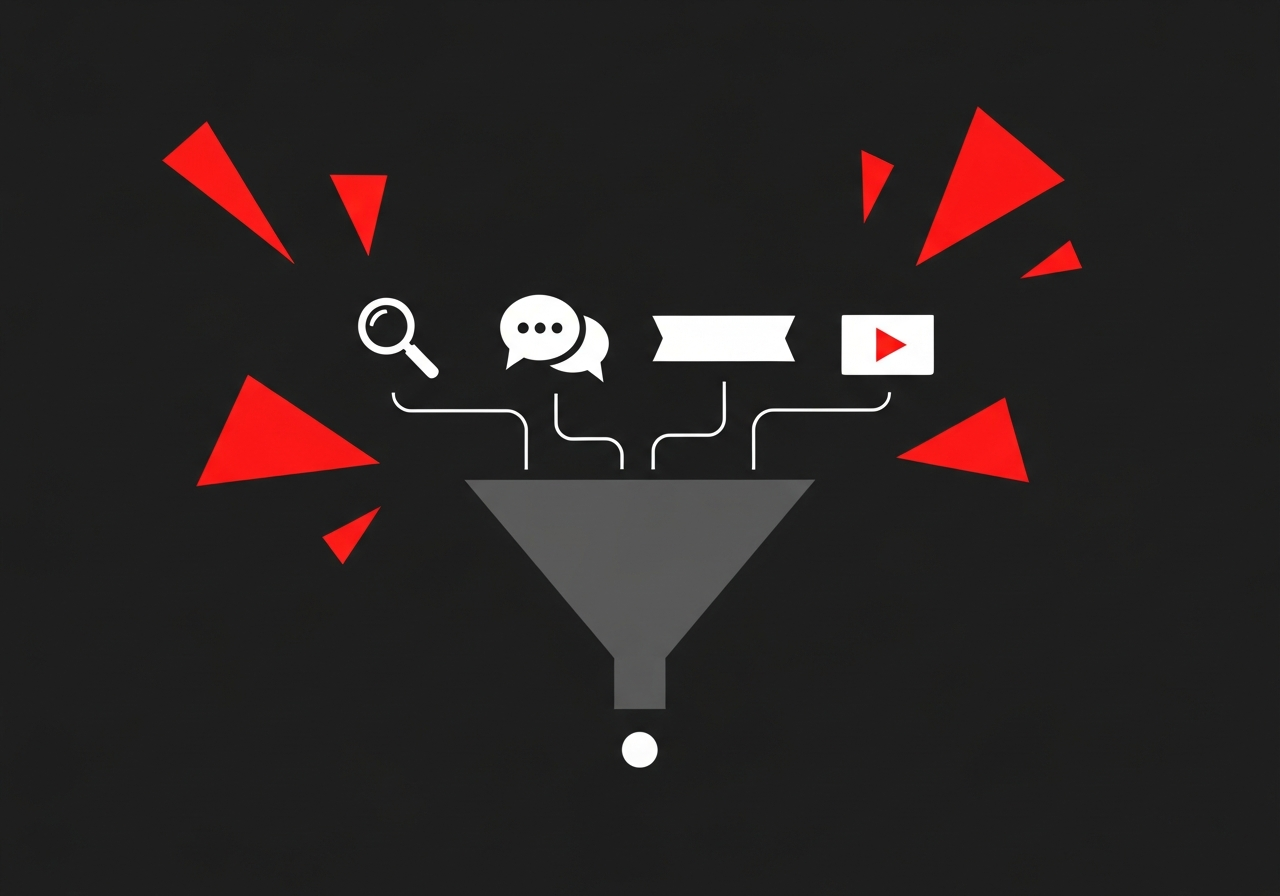 Flat design illustration of a paid media funnel with channel icons and analytics dashboards on a dark charcoal background with red geometric accents