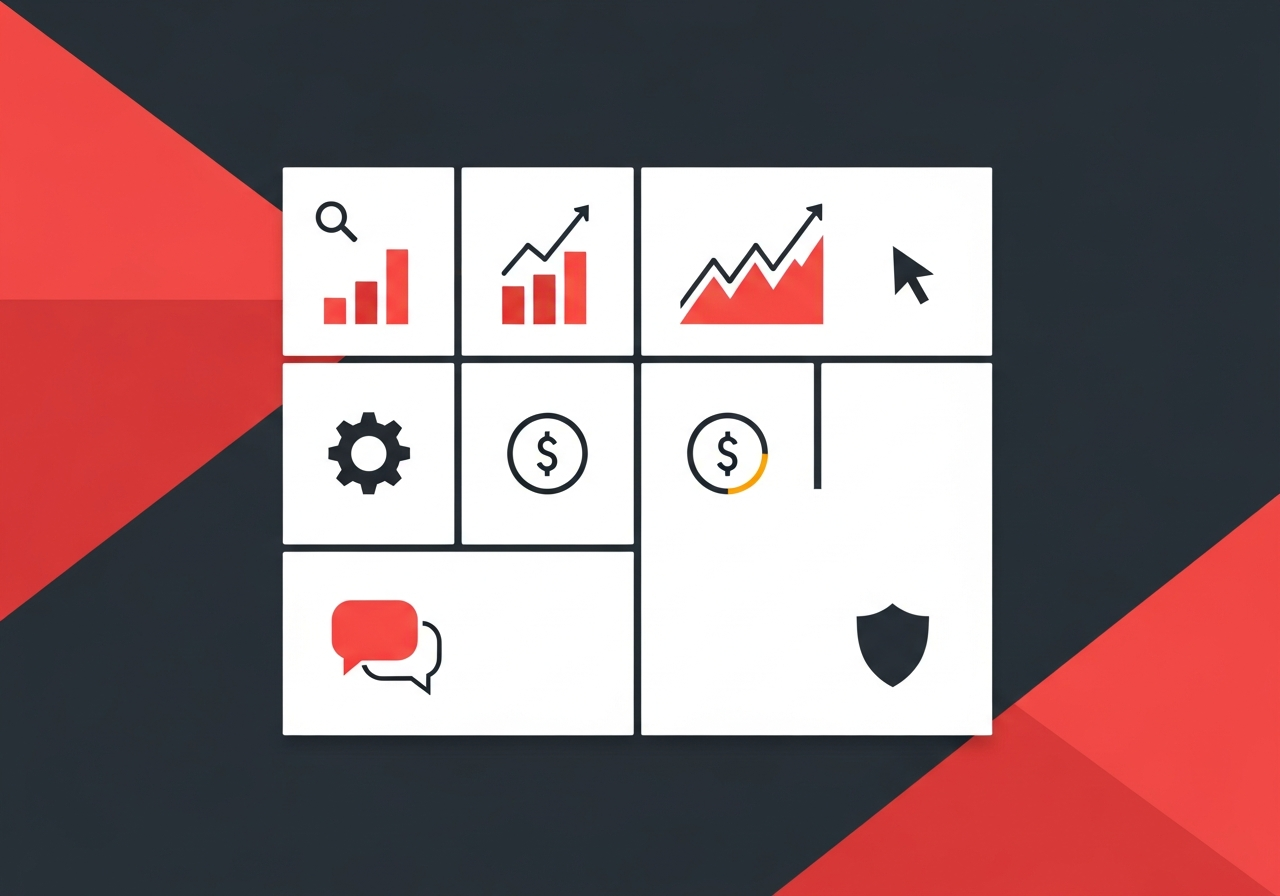 Flat design illustration of a Google Ads campaign dashboard with upward trending graphs on a dark charcoal background with red geometric accents