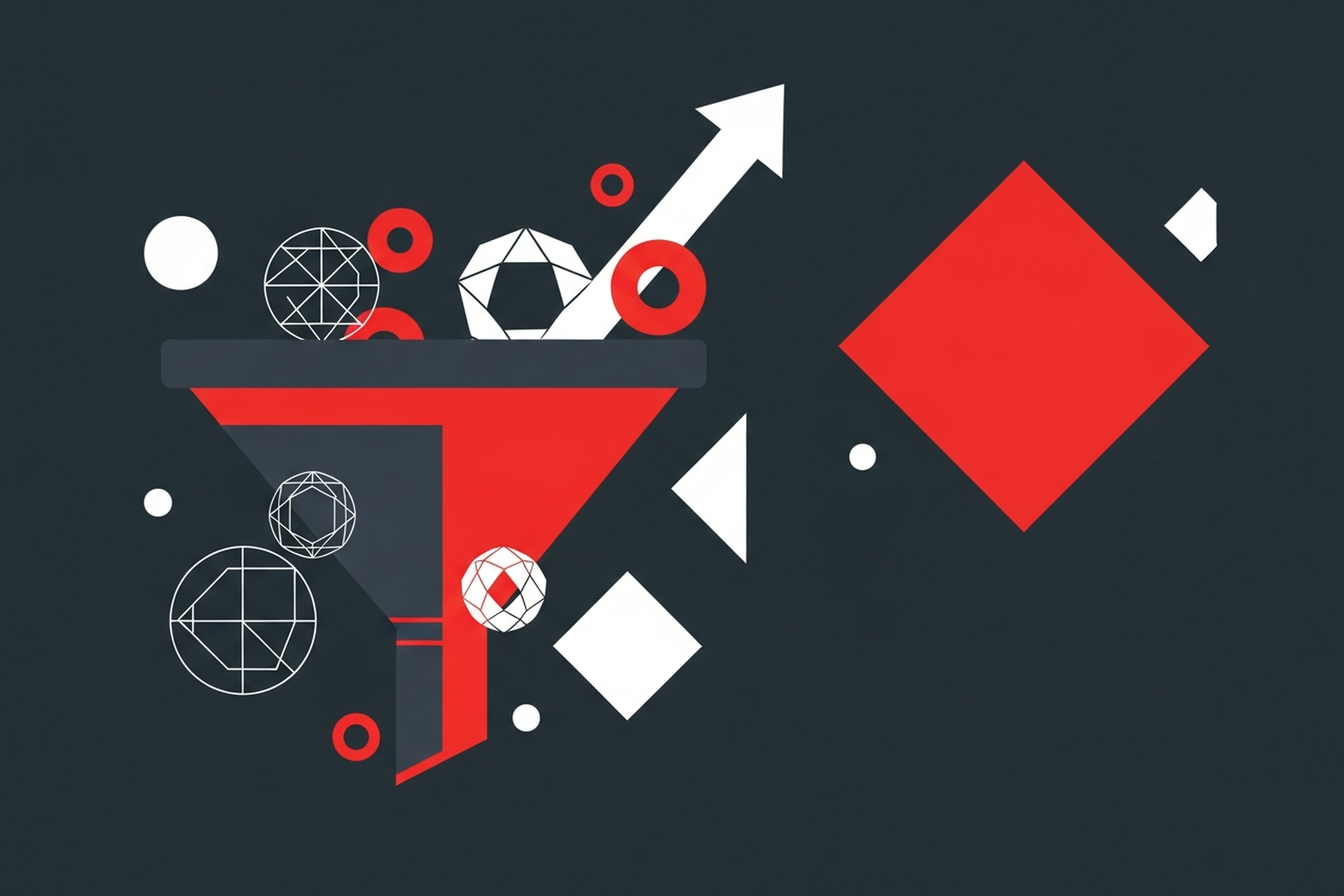 Abstract geometric diagram showing ecommerce PPC channel strategy with funnel shapes and data flow nodes on a dark background