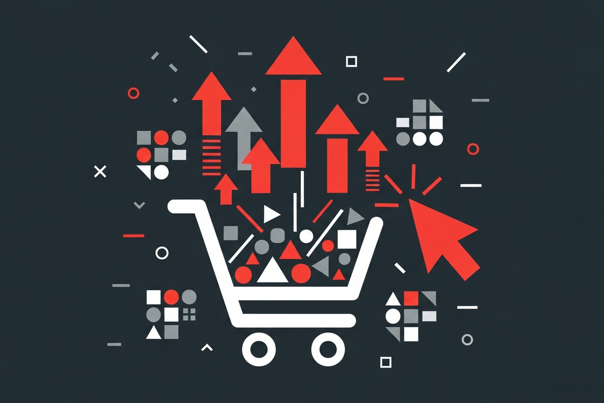 Abstract flat design with geometric shapes representing ecommerce pay per click advertising on a dark background