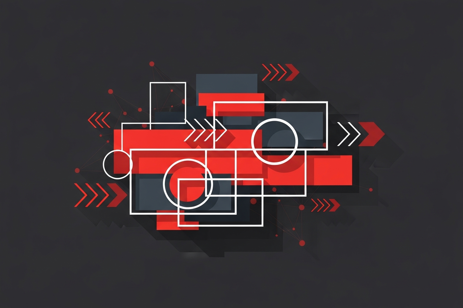 Abstract flat geometric illustration showing interconnected nodes and data flow shapes representing competitive keyword intelligence on a dark background