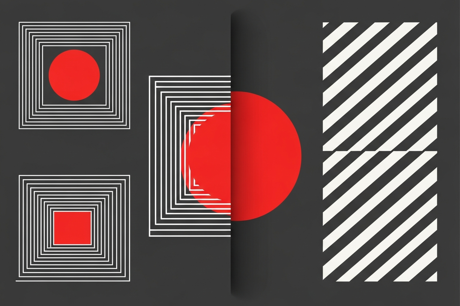 Flat geometric illustration representing Meta advertising reach and distribution with bold red circle and white geometric lines on dark background