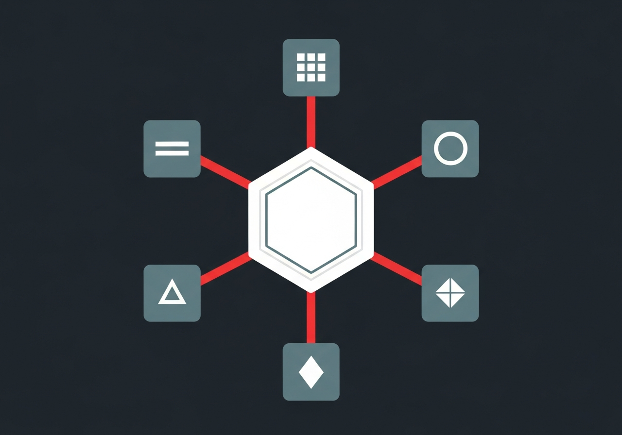 Flat design illustration of a central unified data hub with retail channel icons radiating outward on a dark charcoal background with red accents